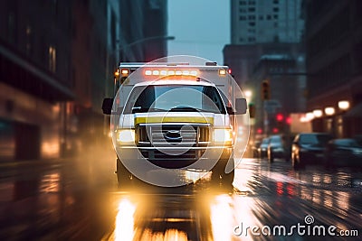 Generative AI image of an ambulance racing through the rain on a stormy night Stock Photo