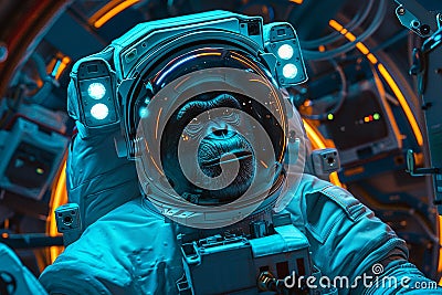 Generative AI Image of Ape Monkey Wearing Astronaut Suit Inside the Spacecraft Exploring Outer Space Stock Photo