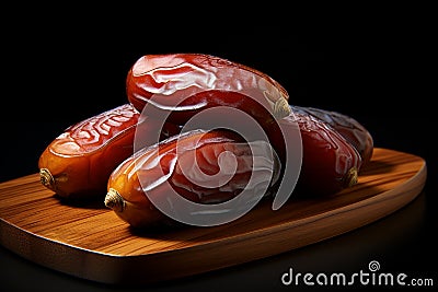 Generative AI Image of Arabian Dates Fruit on Wooden Board with Dark Background Stock Photo