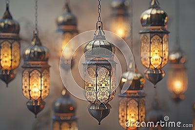 Generative AI Image of Arabian Islamic Lanterns with Golden Light Hanging on Smoky Background Stock Photo