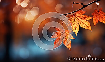 Generative AI Image of Autumn Fall Background with Tree Twig of Orange Maple Leaves Stock Photo