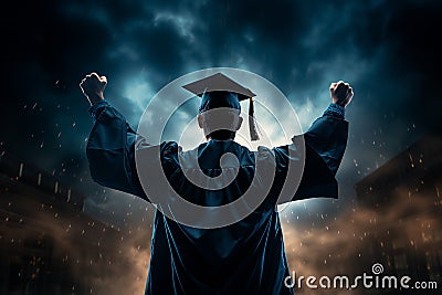 Generative AI Image of Back View of University Student Raising Hands as Sign of Graduation Stock Photo