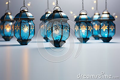 Generative AI Image of Blue Hanging Lanterns Decoration on White Background Stock Photo