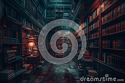 Generative AI Image of Books Collection with Bookshelf in Ancient Library Stock Photo