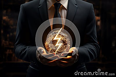 Generative AI Image of Businessman Hands with Ball and Symbol of Lightning Stock Photo