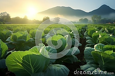 Generative AI Image of Cabbage Vegetables in Field with Mountain View in the Morning Stock Photo
