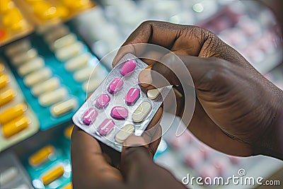 Pill and medicines in old wrinkled hands, drug rehab and antidepressant prescription. Vitamins nutrition Angina and Thyroid Cancer Stock Photo