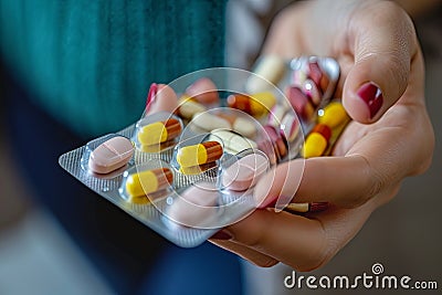 Pill and medicines in old wrinkled hands, drug rehab and antidepressant prescription. Vitamins nutrition Angina and Thyroid Cancer Stock Photo