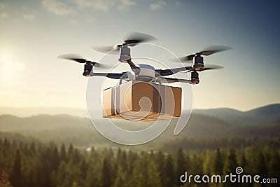 Generative AI Image Of Commercial Drone Delivering Package Flying Over Countryside Stock Photo