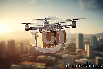 Generative AI Image Of Commercial Drone Delivering Retail Package To Customer Flying Over City Stock Photo