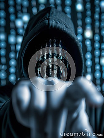 Computer hacker with hoodie working on dark web, ready to steal your data. Cybersecurity concept. Stock Photo