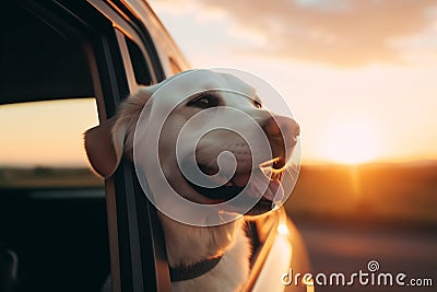 Generative Ai image of a cute happy dog looking out of car window Stock Photo