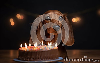 Generative AI image of a dachshund wiener dog with a birthday cake Stock Photo