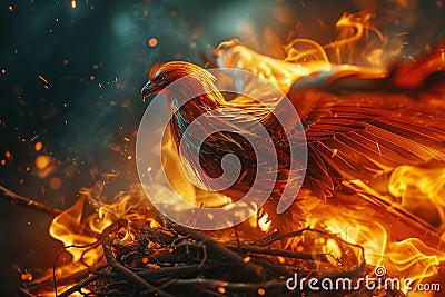 Generative AI Image of Dashing Phoenix Bird with Hot Fire Flame Stock Photo
