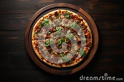 Generative AI Image of Delicious Pizza Served on a Wooden Plate in Restaurant Stock Photo