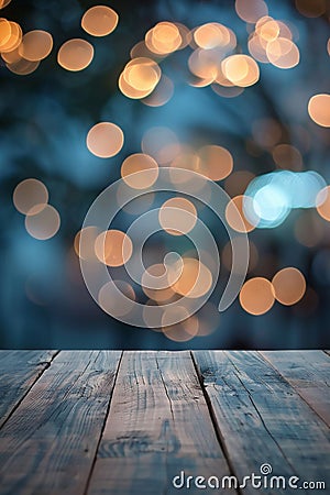 Generative AI image of an empty brown wooden wood board table with blurred abstract night light bokeh background, copy space for Stock Photo