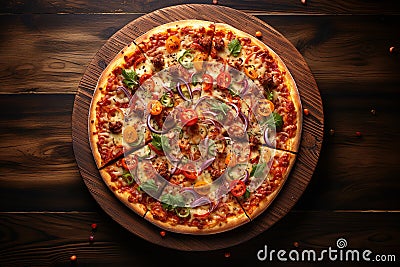 Generative AI Image of Fast Food Delicious Pizza Served on Wooden Plate in Restaurant Stock Photo