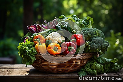 Generative AI Image of Fresh Organic Vegetables in a Basket in the Garden Stock Photo