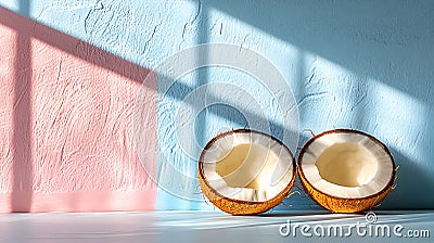 Generative AI Image of Fresh Sliced Coconuts on Smooth Textured Background with Soft Blue Color Stock Photo