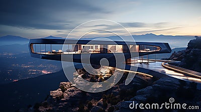Generative AI Image of Futuristic Resort Building on Rocky Hill with Mountains Landscape Stock Photo