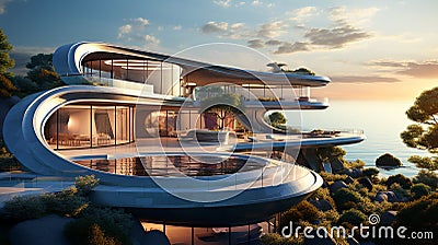 Generative AI Image of Futuristic Resort Hotel Building with Nature View in Bright Day Stock Photo