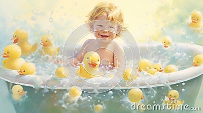 A giggling young child immersed in a warm bath, encircled by a fleet of adorable rubber duckies Stock Photo