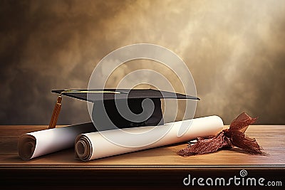 Generative AI Image of Graduation Cap with Diploma Roll on Wooden Table Stock Photo