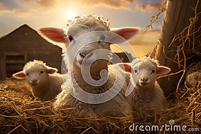 Generative AI Image of a Group of Cute Sheep in the Animal Pen at Sunset Stock Photo