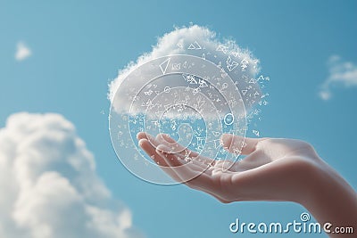 A hand holding a digital file, uploading downloading data to the cloud. Stock Photo