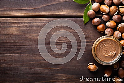 Generative AI Image of Hazelnuts with Blank Space on Wooden Background Stock Photo