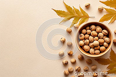 Generative AI Image of Hazelnuts in a Bowl with Blank Space on Pink Background Stock Photo