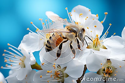 Generative AI Image Honey Bee Collecting Nectar from Apricot Flowers on a Blue Background Stock Photo