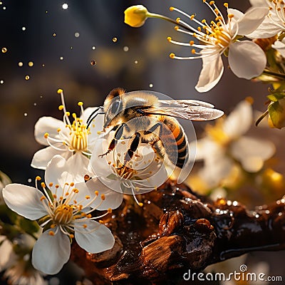 Generative AI Image Honey Bee Flying in Flowering Garden with Apricot Flowers Stock Photo