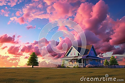 Generative AI Image of House Home Building with Clouds in Dramatic Sky at Dusk Stock Photo