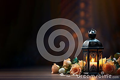 Generative AI Image of Islamic Lantern with Flowers Decoration on Dark Background Stock Photo