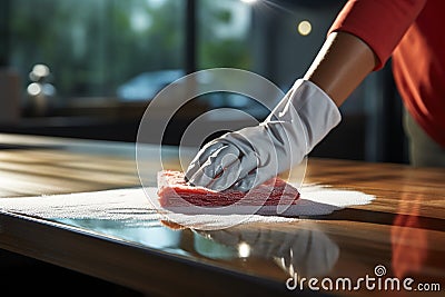 Generative AI Image of Janitor Hand Wearing Rubber Gloves Cleaning a Table with a Cloth Stock Photo