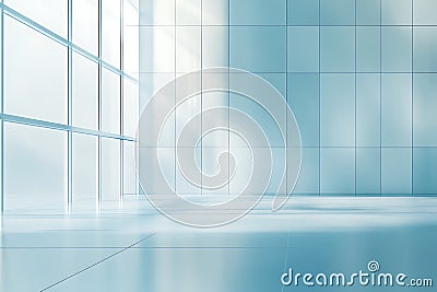 Generative AI Image of Light Blue Room with Diagonal Rectangle Geometric Pattern Window Background Stock Photo