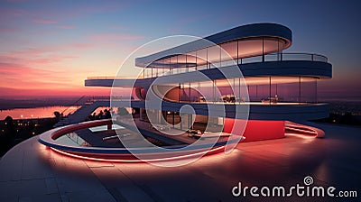 Generative AI Image of Luxury Futuristic Resort Hotel Building with Sea View at Twilight Stock Photo