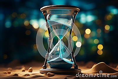 Generative AI Image of Magical Hourglass Timer with Blue Sand on Bokeh Lights Background Stock Photo