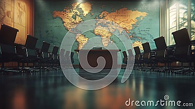 Generative AI Image of map and numbers over empty chairs and table arranged in conference room Digital composite m Stock Photo