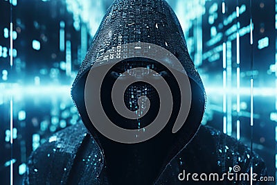 Generative AI image of a mysterious hooded hacker in action Stock Photo