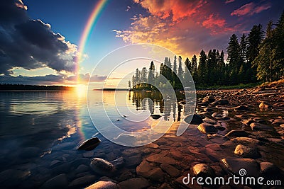Generative AI Image of Nature View from Lakeside with Beautiful Rainbow in the Sky Stock Photo