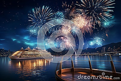 Generative AI Image of New Year Celebration with Fireworks Party in Cruise Ship Stock Photo