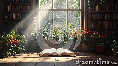 Generative AI Image of Open Book on Wooden Table with Bookshelf and Window with Flowers Stock Photo