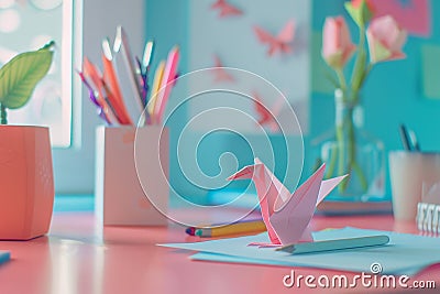 Generative AI Image of Origami Craft of Cute Pink Crane Bird on the Study Table Stock Photo