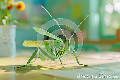 Generative AI Image of Origami Craft of Grasshopper Insect with Green Folded Paper on a Desk Stock Photo