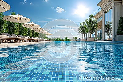 Generative AI Image of Outdoor Swimming Pool at Hotel Resort in Bright Day Stock Photo