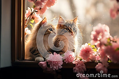 Generative AI Image of a Pair of Cute Kittens Sitting on a Window with Pink Flowers Stock Photo