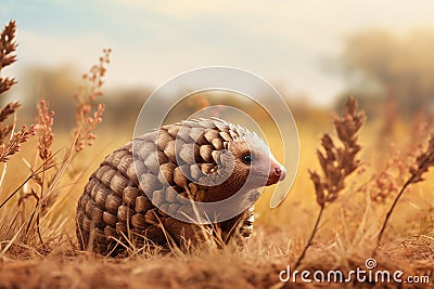 Generative AI Image of Pangolin Animal with Prairie in African Savanna Stock Photo