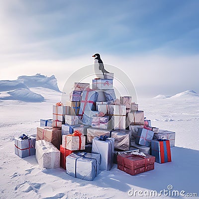 Generative AI image of a penguin standing on a pile of presents Stock Photo